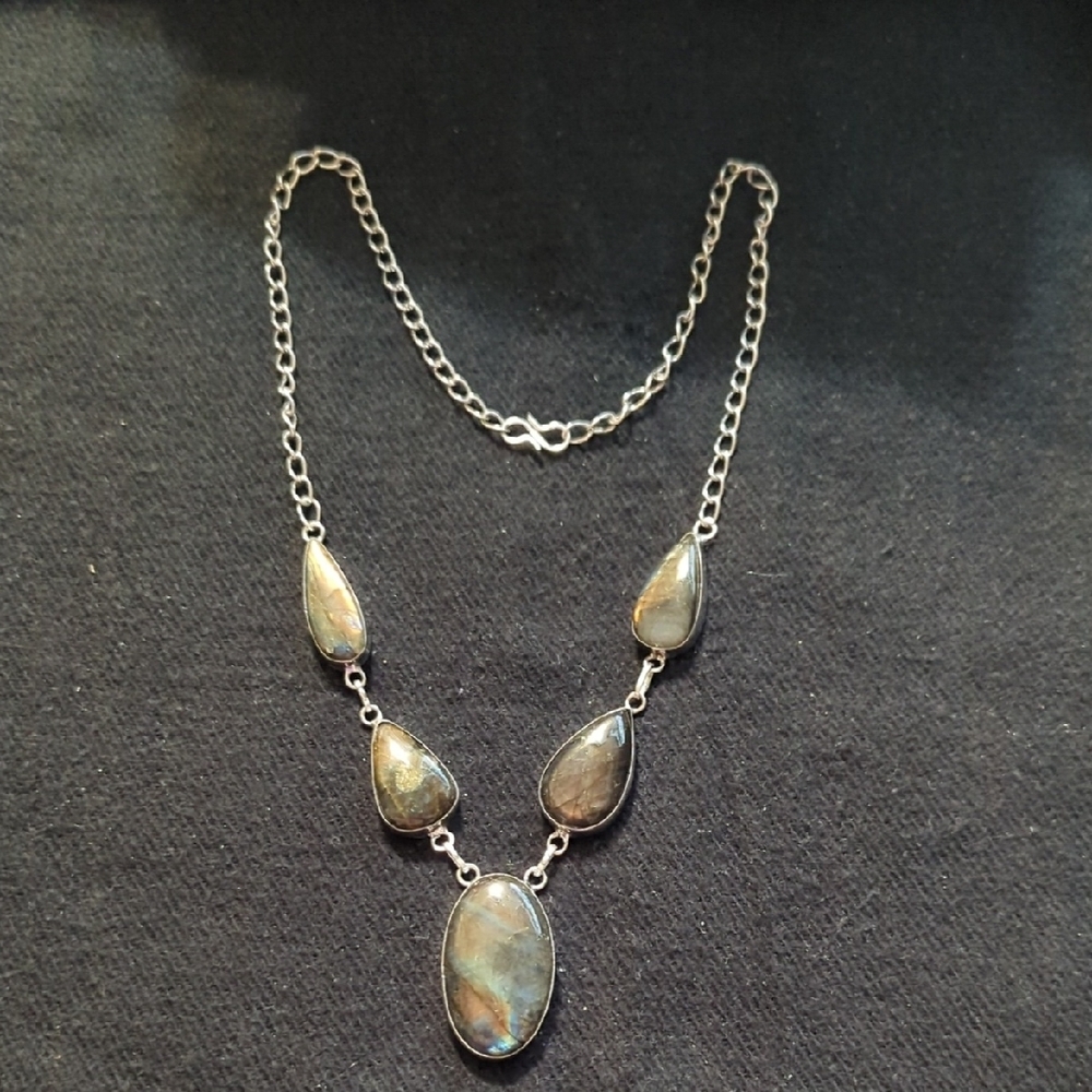 Silver Plated Yellow Flash Grey Labradorite Gemstone Y Shape Statement Necklace